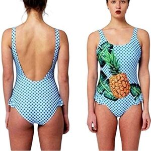 JUICY COUTURE Pineapple Print One Piece‎ Swimsuit BLUE + WHITE GINGHAM EUC